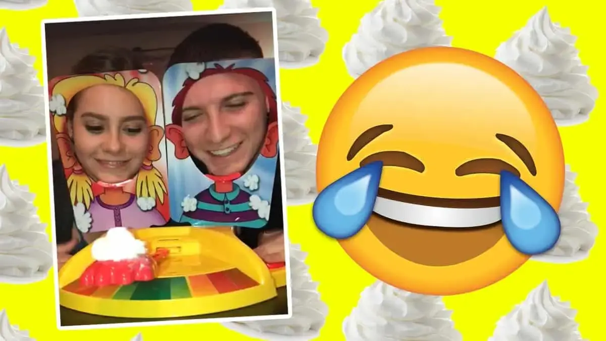 Watch this funny end to Pie Face game as dog eats cream!