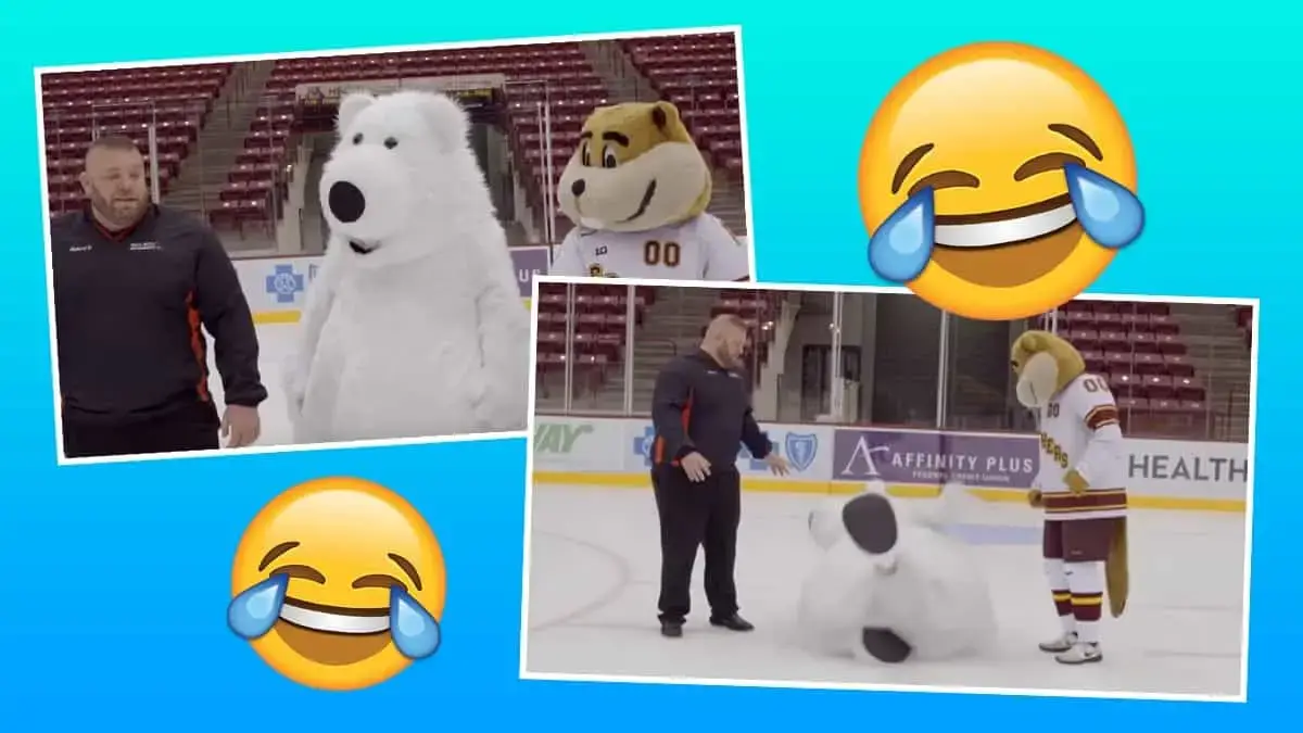 Watch polar bear mascot can’t stop falling over on ice skating rink during car commercial filming!