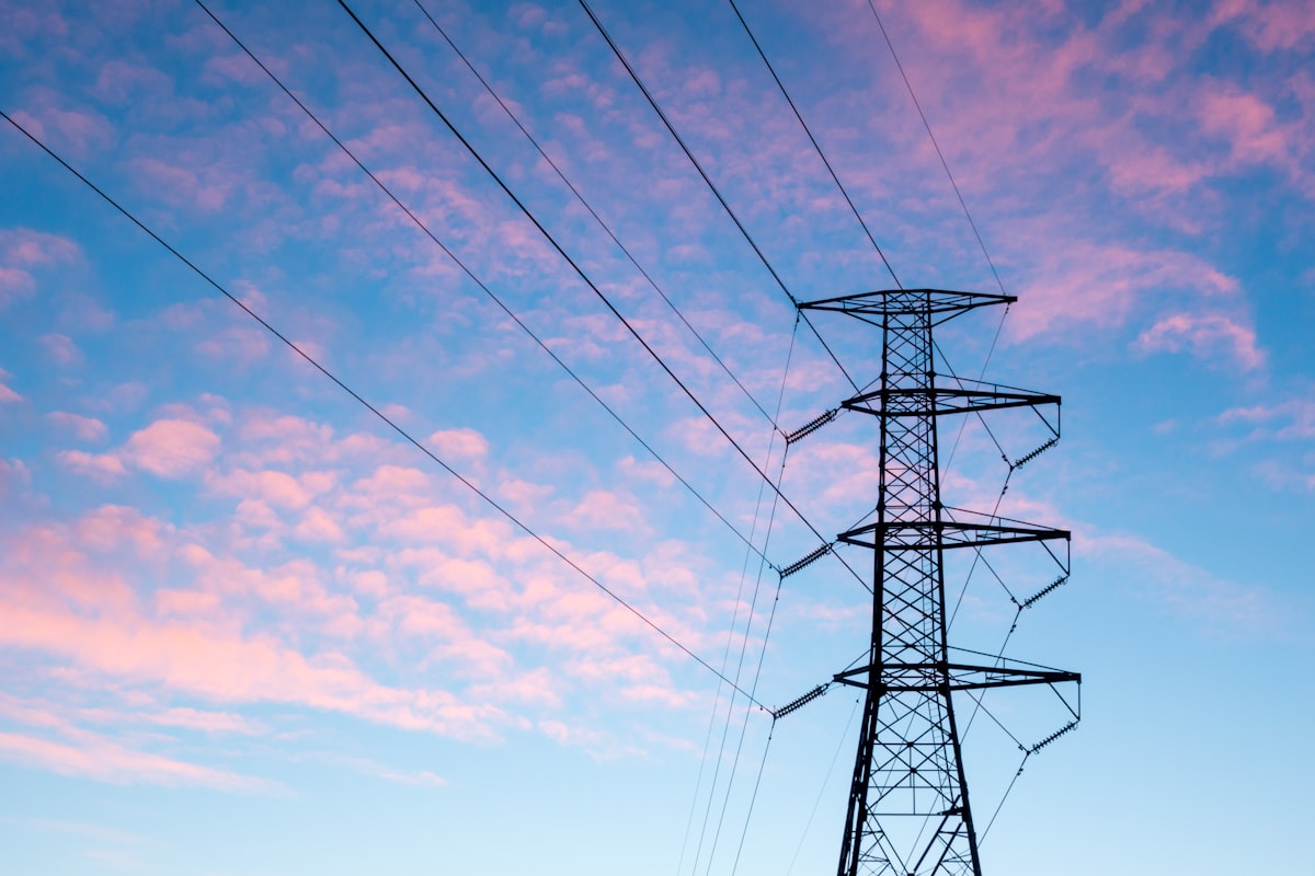 An electricity pylon carrying overhead power lines