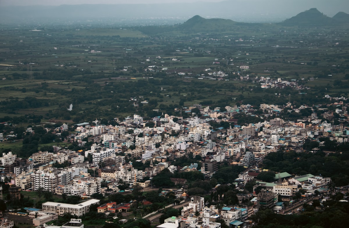 An aerial view of a town full of houses