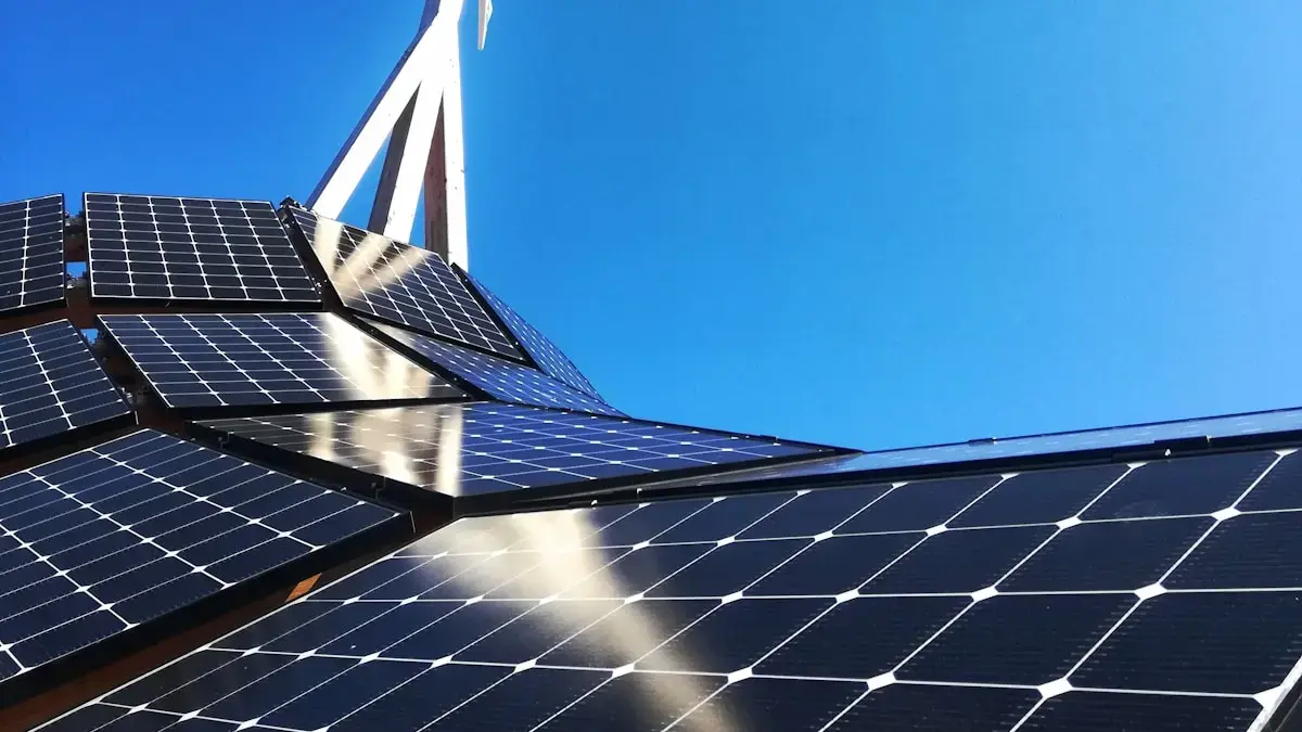 A wind turbine and solar panels on a rooftop