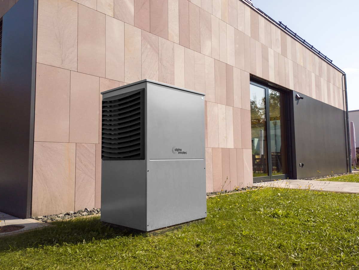 A heat pump unit outside a building