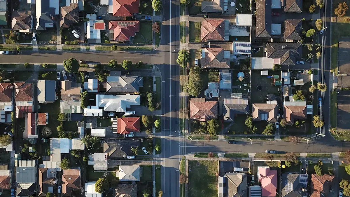 An aerial view of a neighbourhood of houses