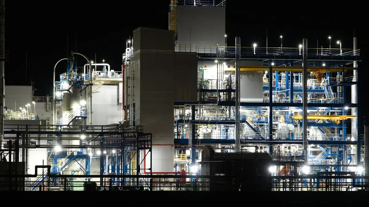 An industrial plant lit up at night