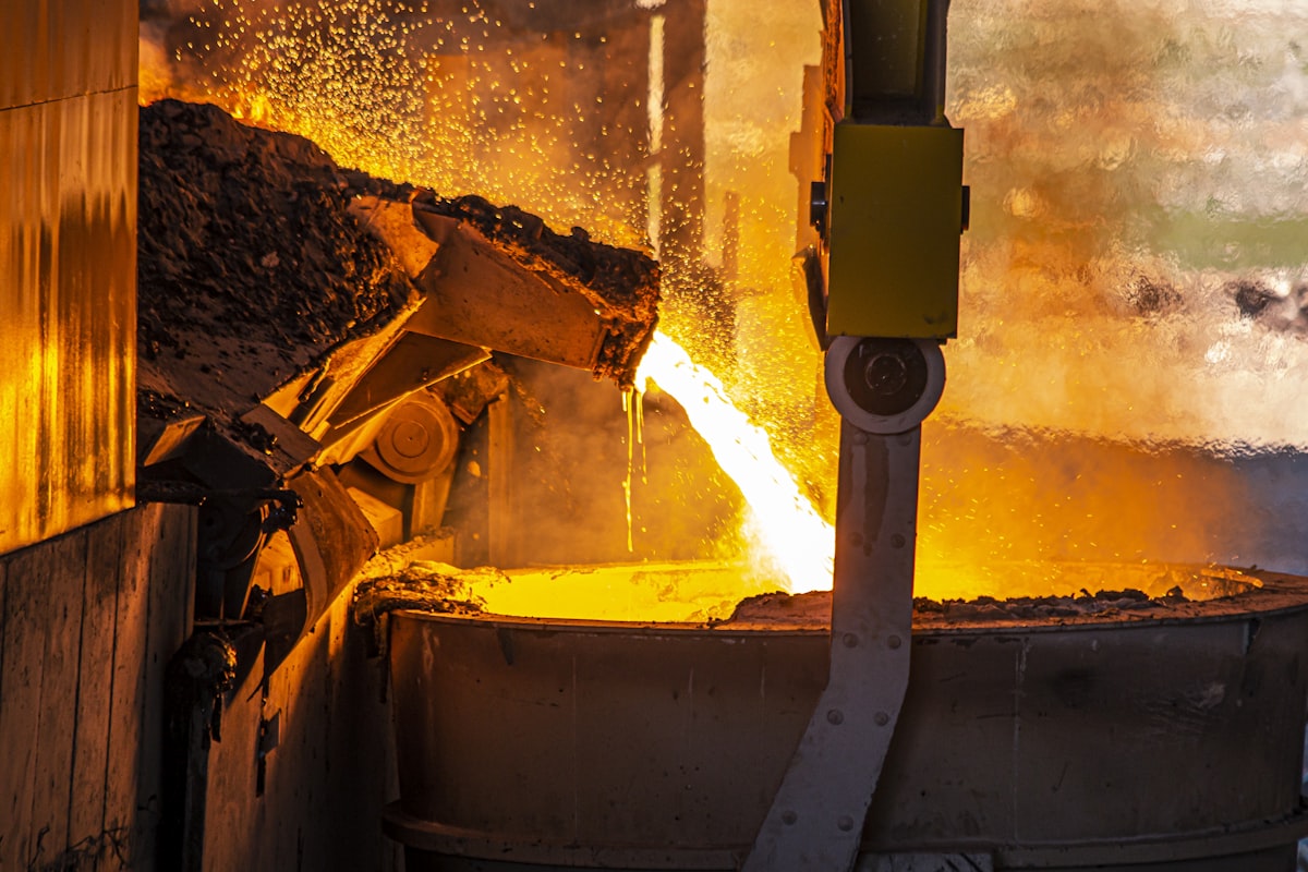 Molten metal being poured in a steelworks
