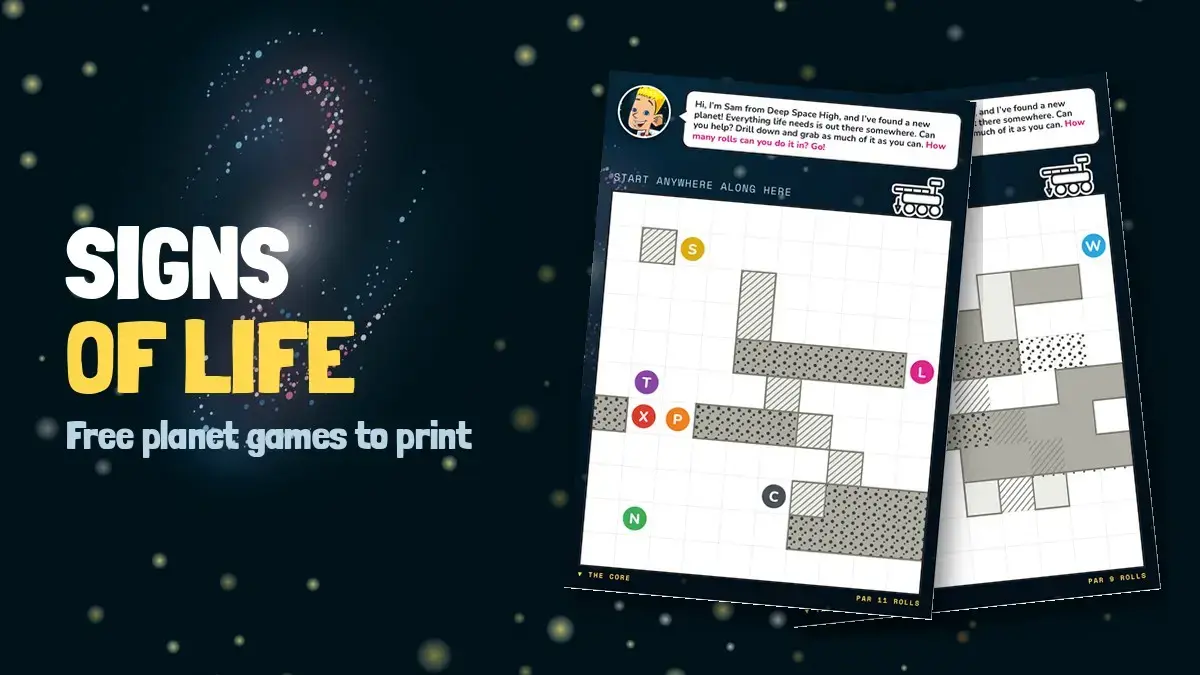 Two Signs of Life planet game cards from Deep Space High on a starry background